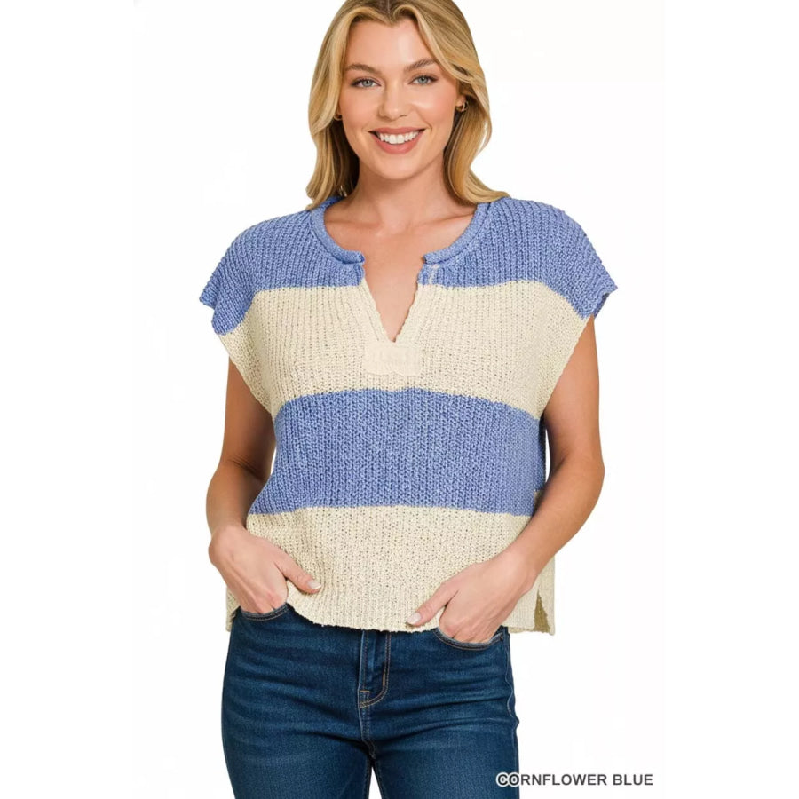 Zenana Split Neck Sleeveless Stripe Sweater CORNFLOWER BLUE / S Apparel and Accessories