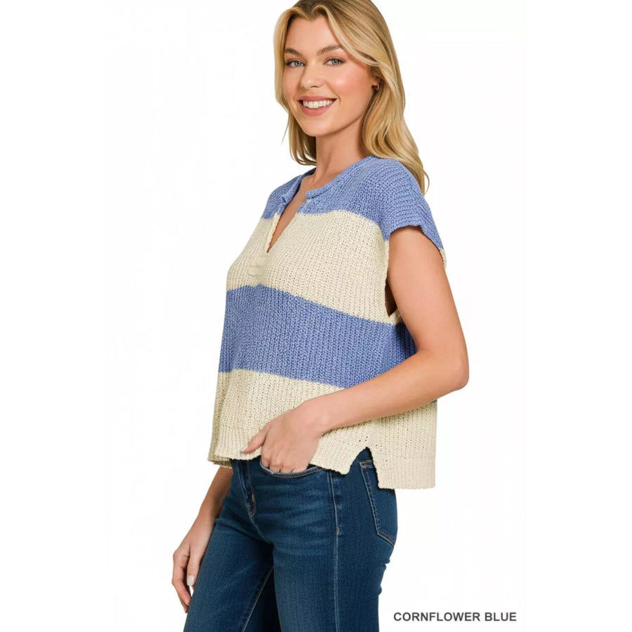 Zenana Split Neck Sleeveless Stripe Sweater Apparel and Accessories