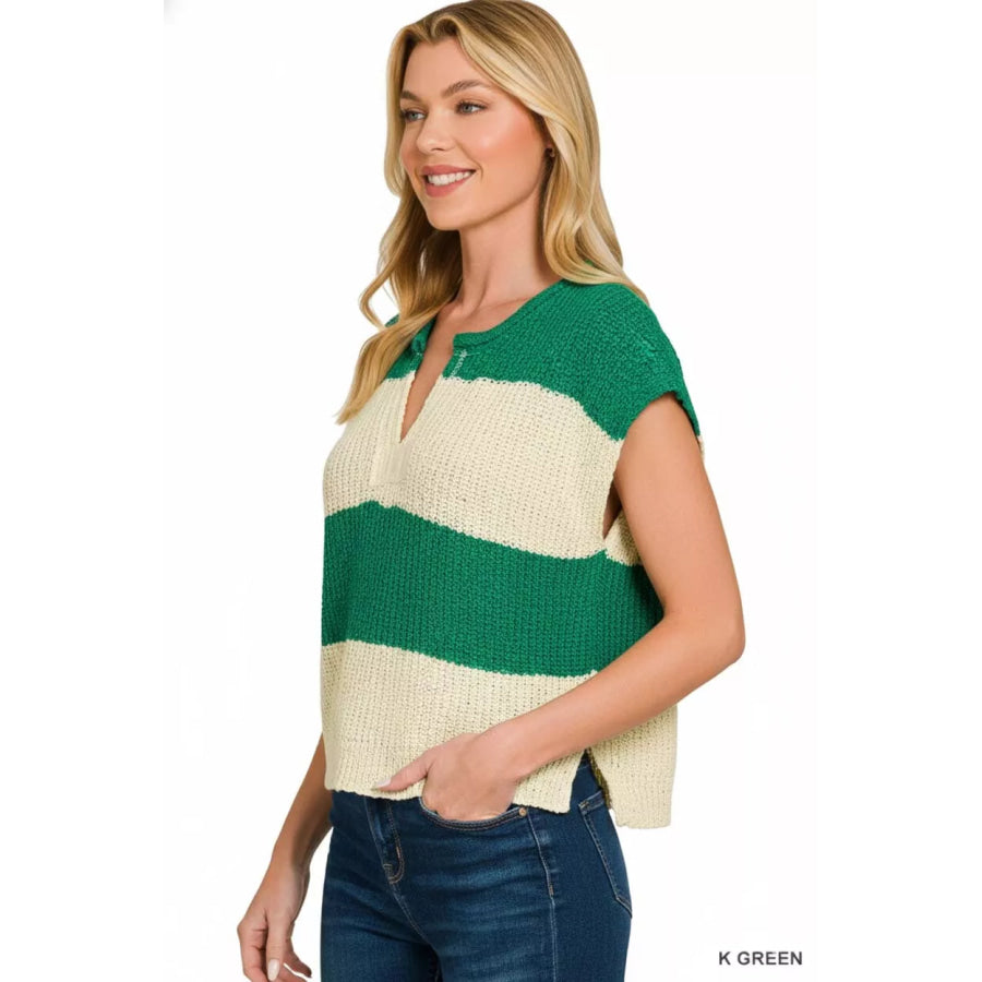 Zenana Split Neck Sleeveless Stripe Sweater Apparel and Accessories
