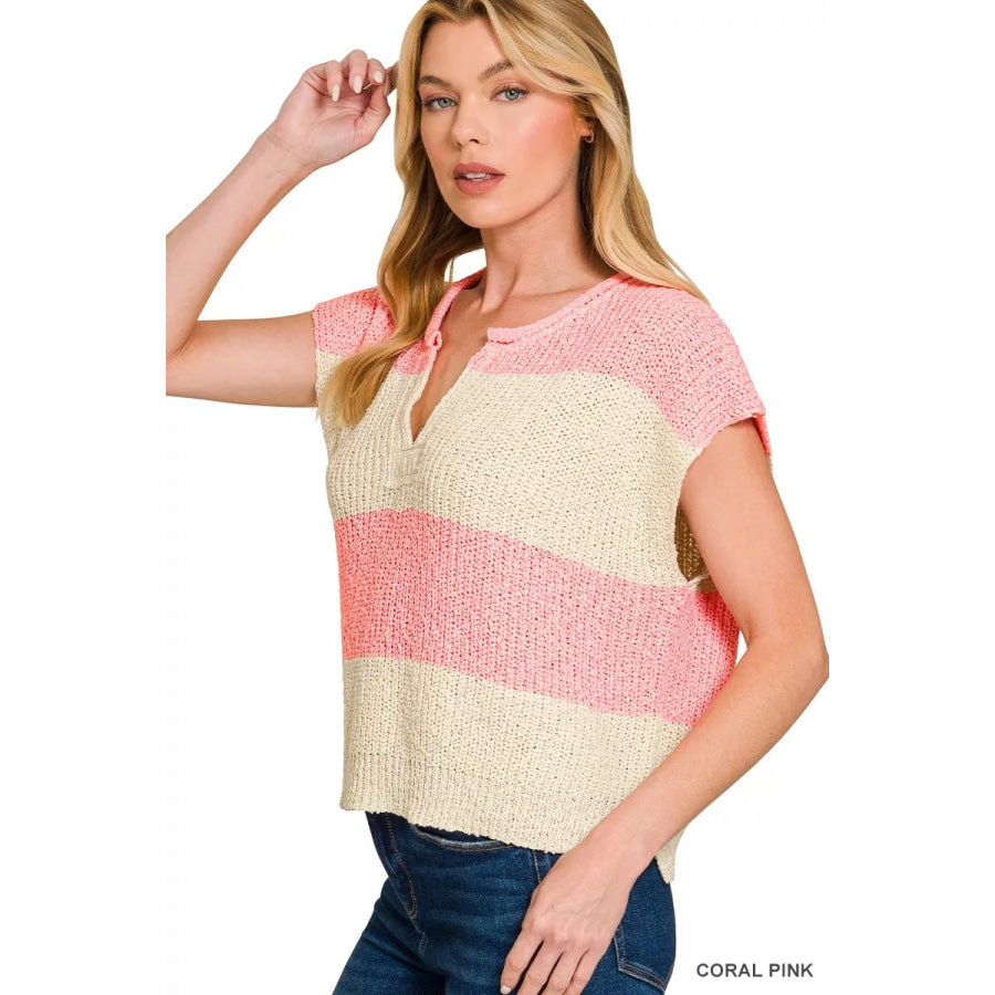 Zenana Split Neck Sleeveless Stripe Sweater Apparel and Accessories