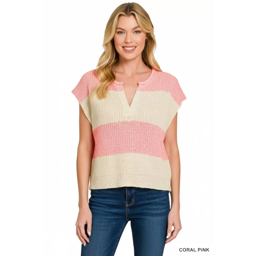 Zenana Split Neck Sleeveless Stripe Sweater Apparel and Accessories
