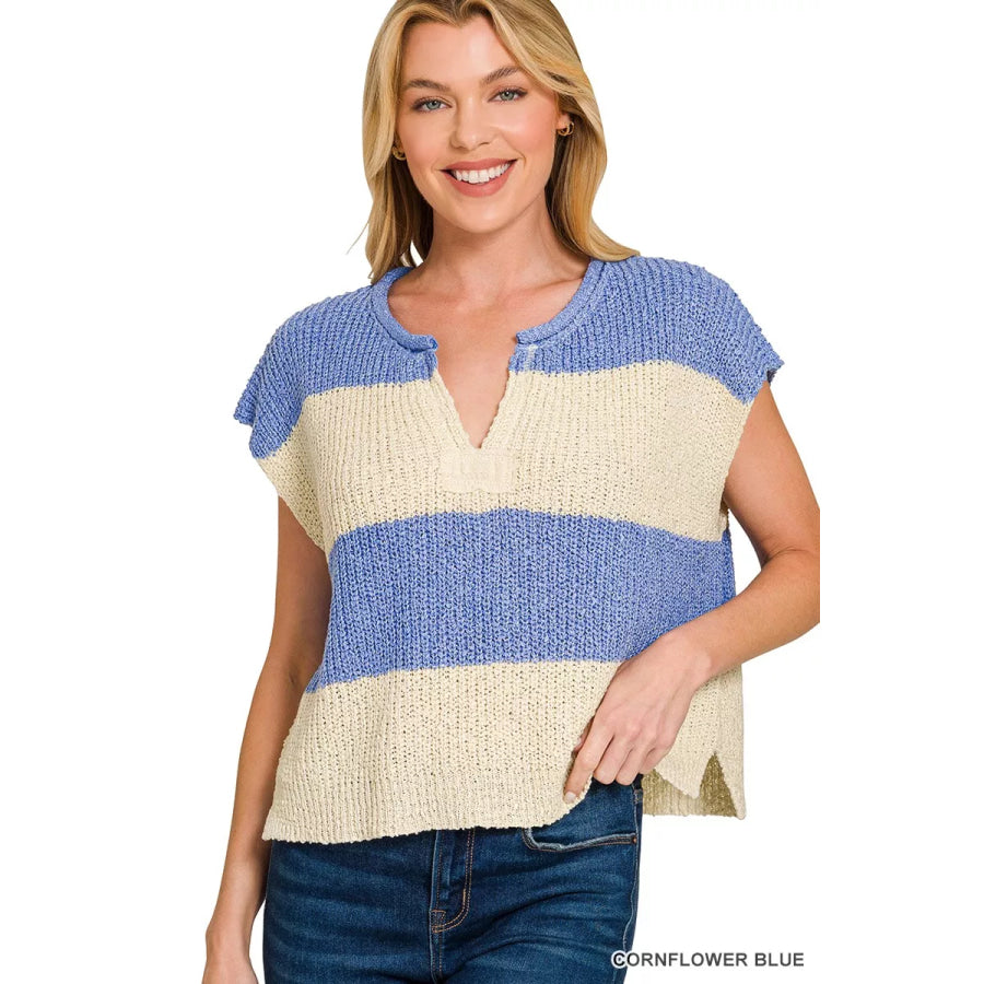 Zenana Split Neck Sleeveless Stripe Sweater CORNFLOWER BLUE / S Apparel and Accessories