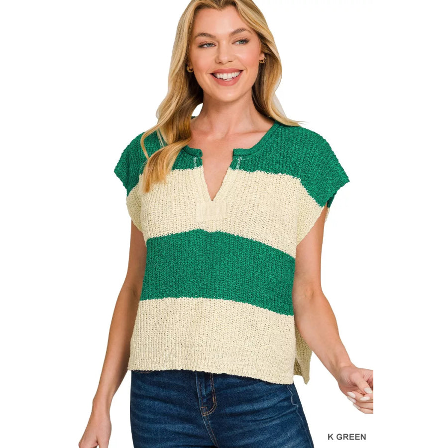 Zenana Split Neck Sleeveless Stripe Sweater K GREEN / S Apparel and Accessories