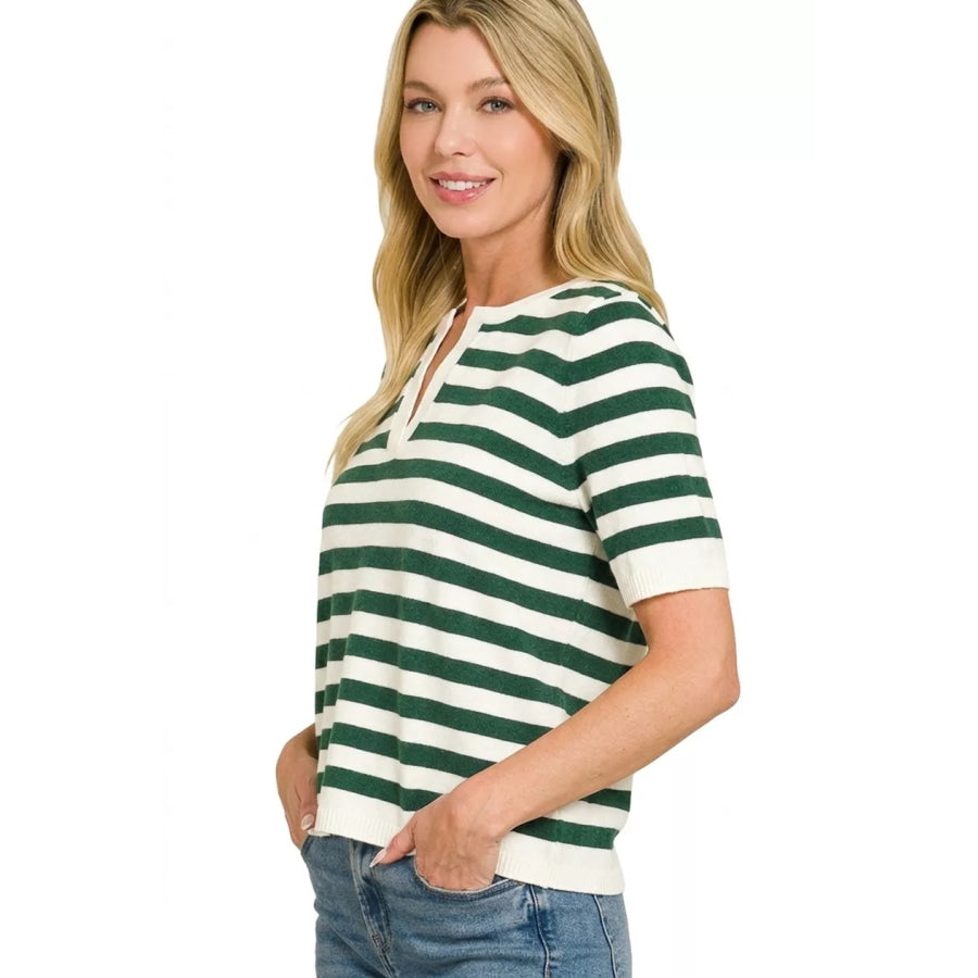 Zenana Split Neck Stripe Short Sleeve Sweater HUNTER GREEN / S Apparel and Accessories