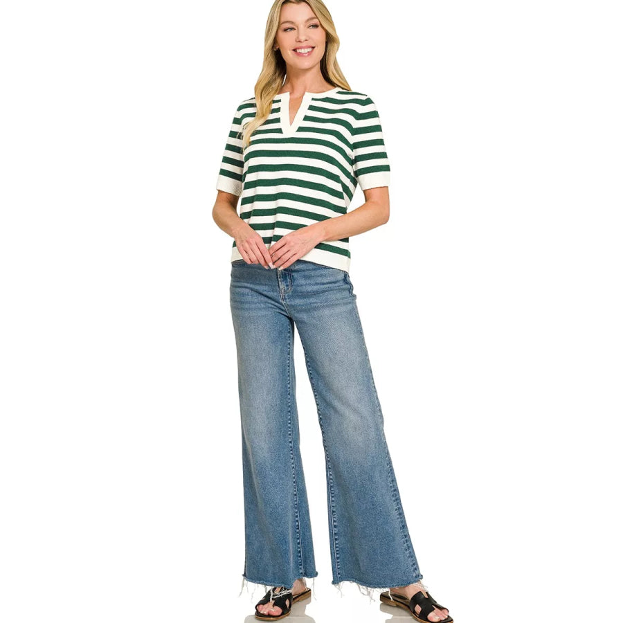Zenana Split Neck Stripe Short Sleeve Sweater Apparel and Accessories