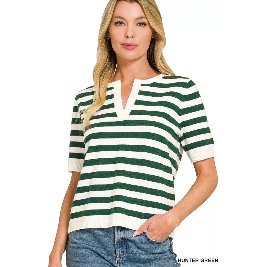 Zenana Split Neck Stripe Short Sleeve Sweater HUNTER GREEN / S Apparel and Accessories