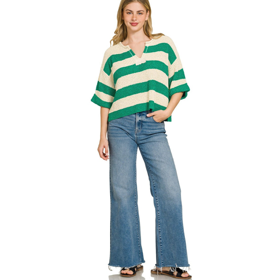 Zenana Split Neck Stripe Sweater Apparel and Accessories