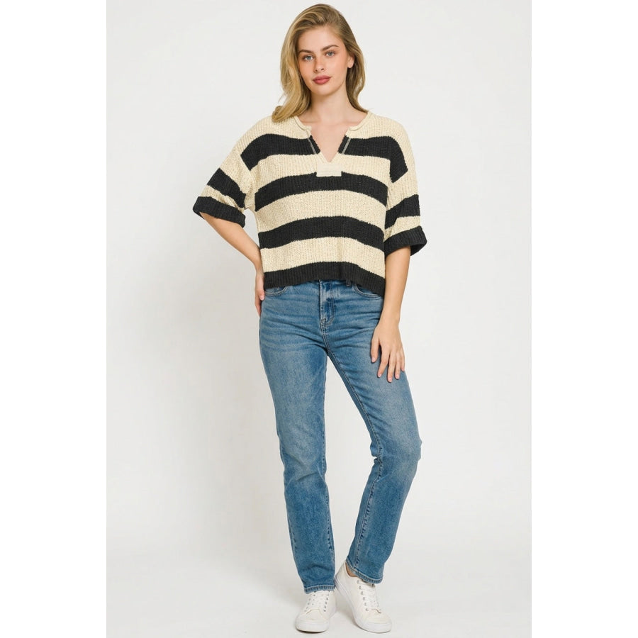 Zenana Split Neck Stripe Sweater Apparel and Accessories