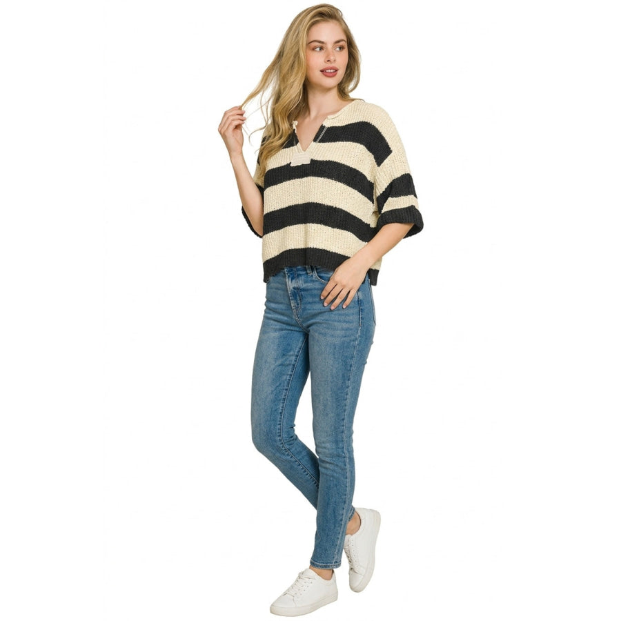 Zenana Split Neck Stripe Sweater Apparel and Accessories