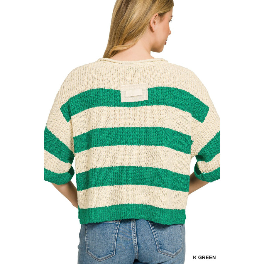 Zenana Split Neck Stripe Sweater Apparel and Accessories