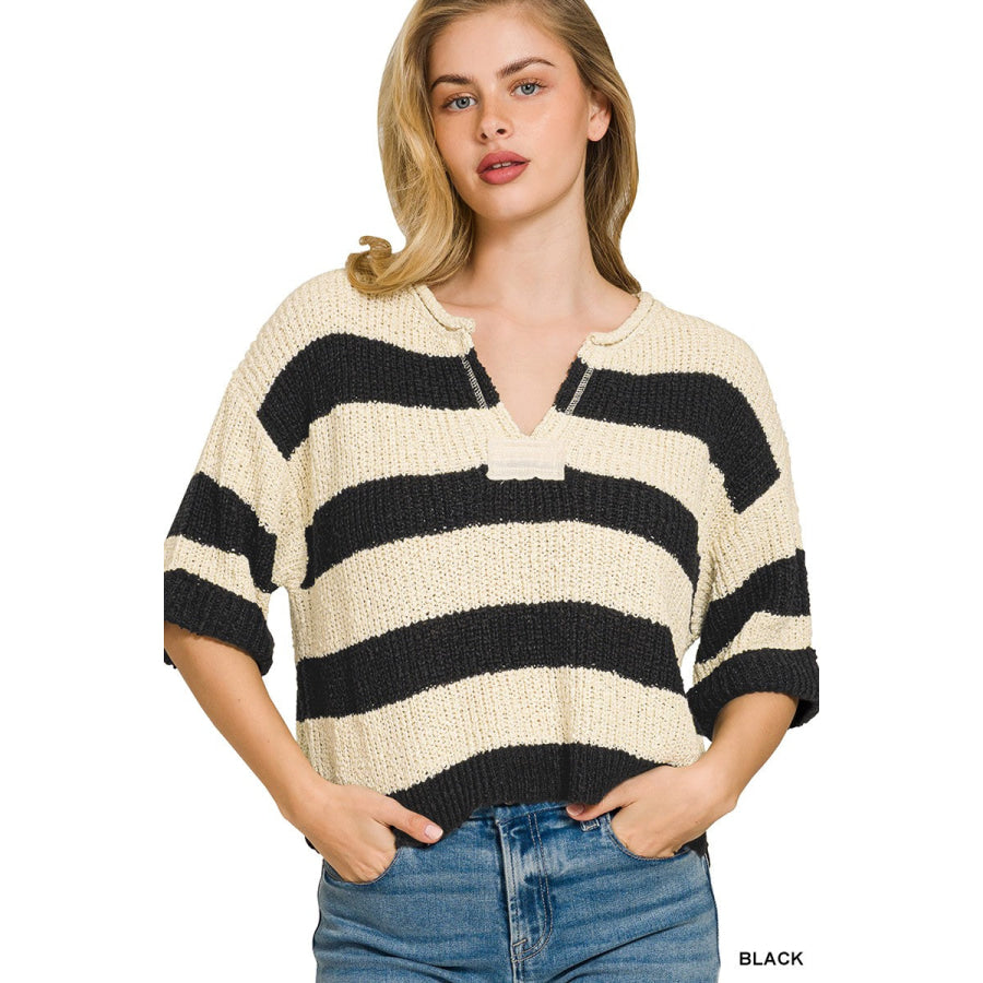 Zenana Split Neck Stripe Sweater BLACK / S/M Apparel and Accessories