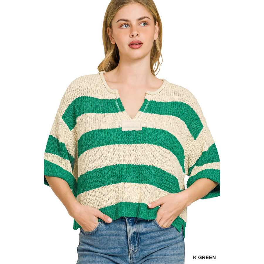 Zenana Split Neck Stripe Sweater K GREEN / S/M Apparel and Accessories