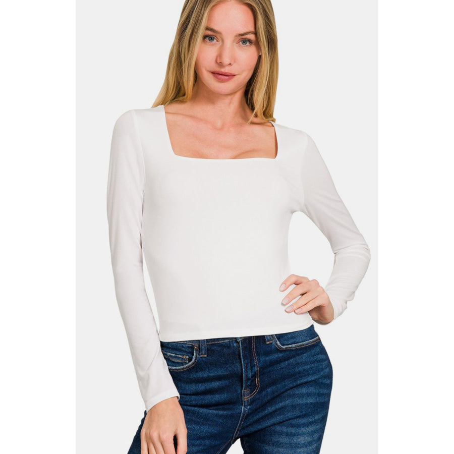 Zenana Square Neck Fitted Long Sleeve T-Shirt Apparel and Accessories