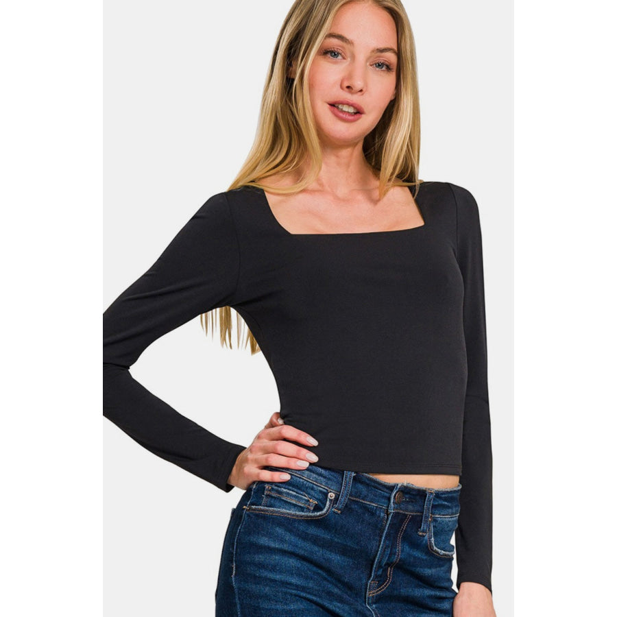 Zenana Square Neck Fitted Long Sleeve T-Shirt Apparel and Accessories