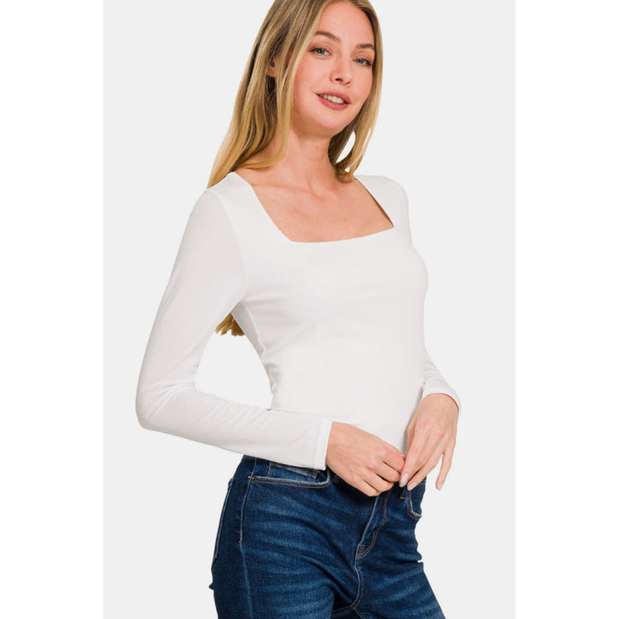 Zenana Square Neck Fitted Long Sleeve T-Shirt White / S Apparel and Accessories