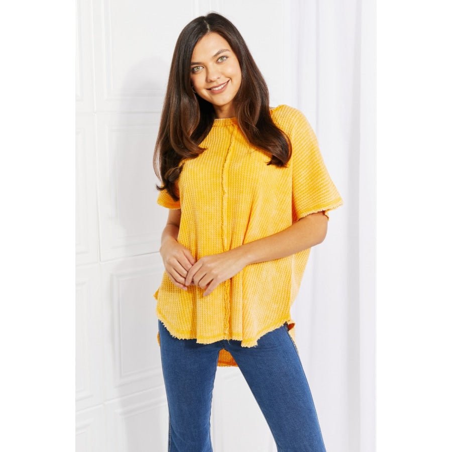 Zenana Start Small Washed Waffle Knit Top in Yellow Gold Yellow Gold / S/M