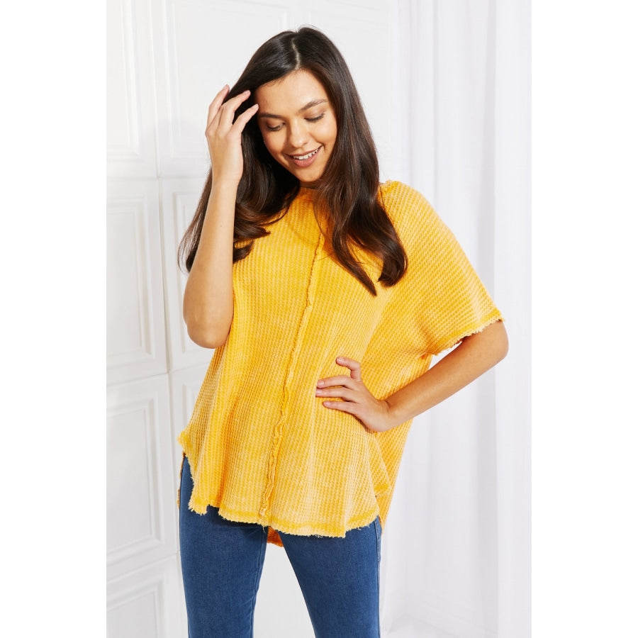 Zenana Start Small Washed Waffle Knit Top in Yellow Gold