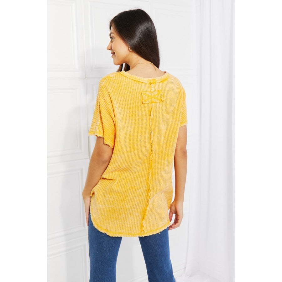 Zenana Start Small Washed Waffle Knit Top in Yellow Gold
