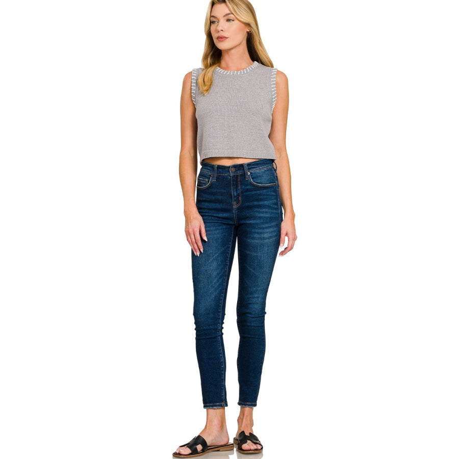 Zenana Stitch Detailed Cropped Sweater Vest Apparel and Accessories