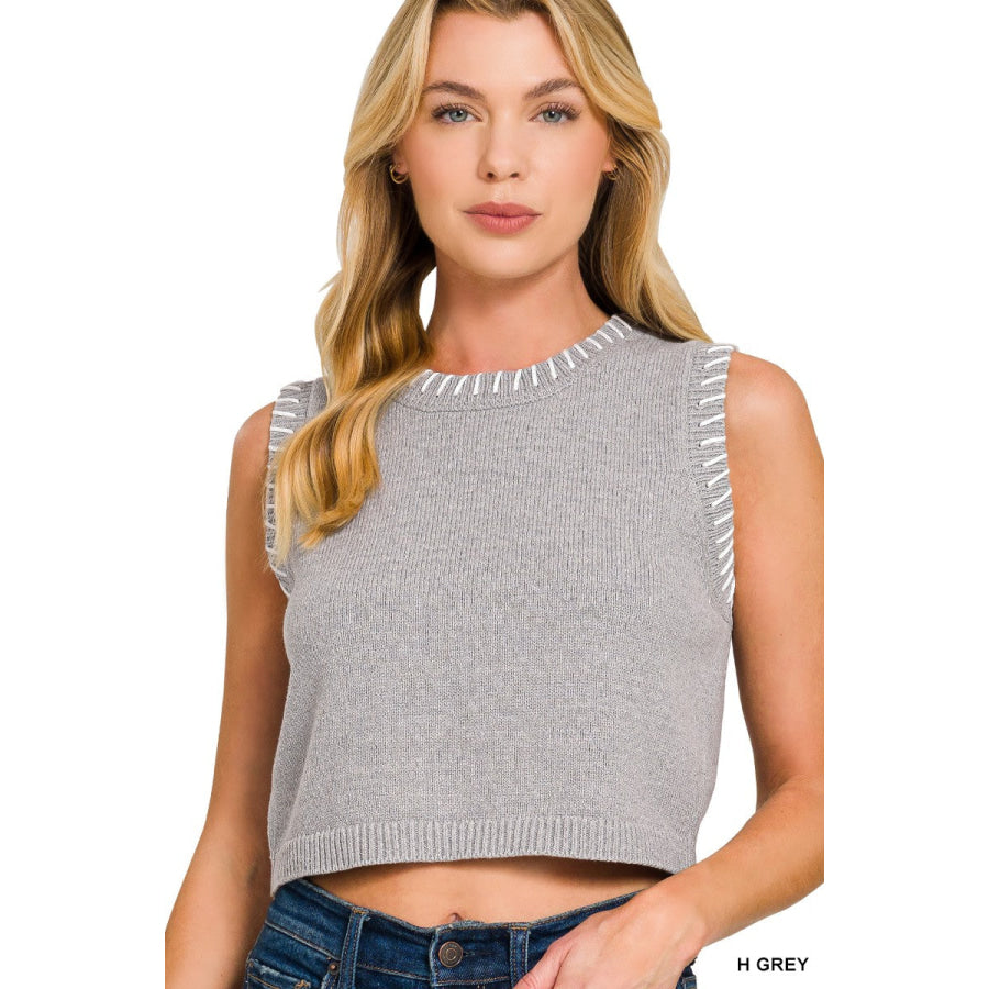 Zenana Stitch Detailed Cropped Sweater Vest H GREY / S Apparel and Accessories