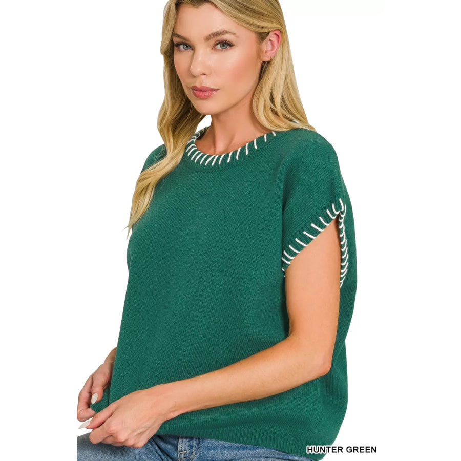Zenana Stitch Detailed Oversize Sweater HUNTER GREEN / S Apparel and Accessories