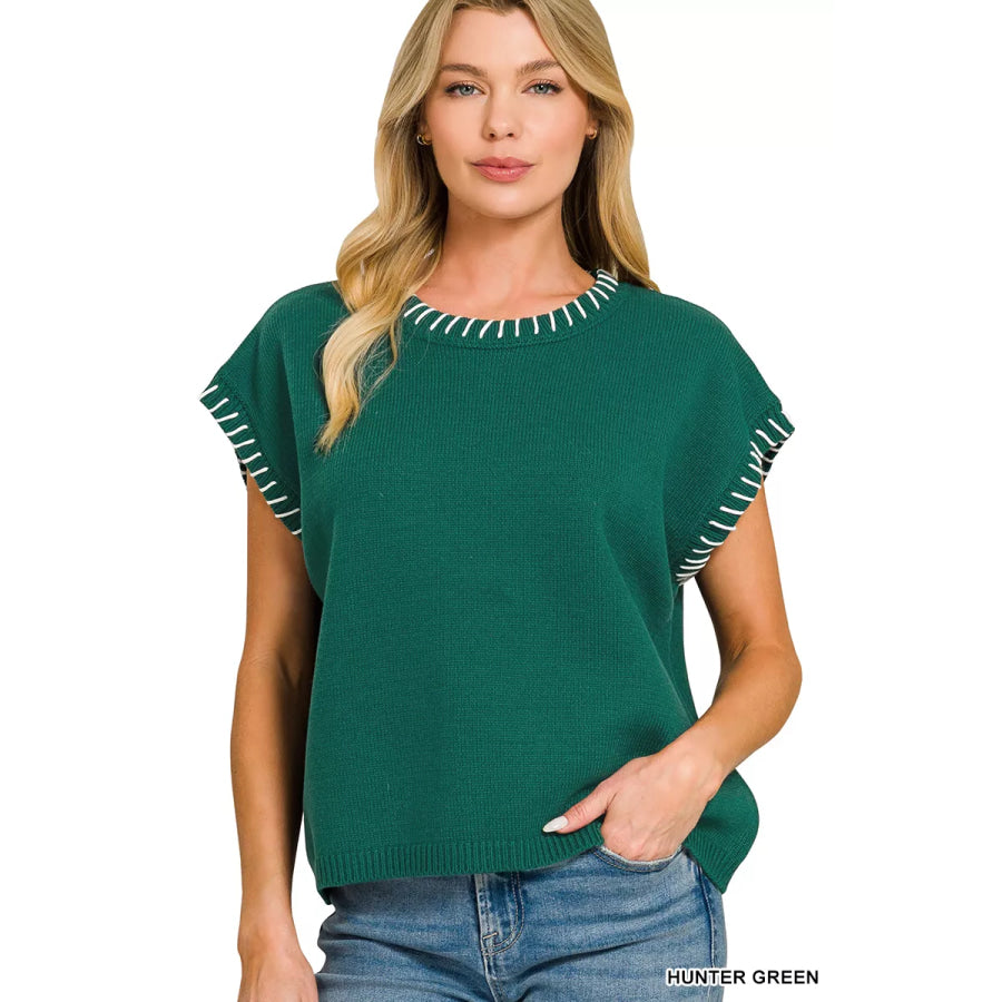 Zenana Stitch Detailed Oversize Sweater HUNTER GREEN / S Apparel and Accessories