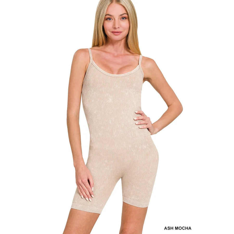 Zenana Stone Washed Ribbed Seamless Romper ASH MOCHA / S/M Apparel and Accessories
