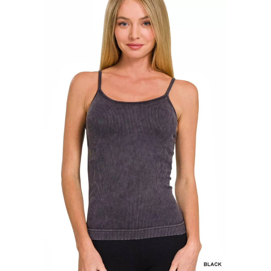 Zenana Stone Washed Ribbed Seamless Tank Top BLACK / S/M Apparel and Accessories