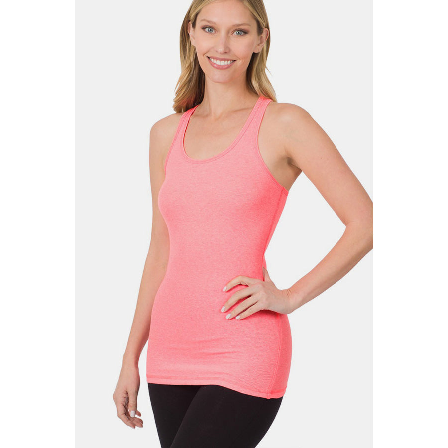 Zenana Stretchy Ribbed Knit Racerback Tank N CORAL PINK / S Apparel and Accessories