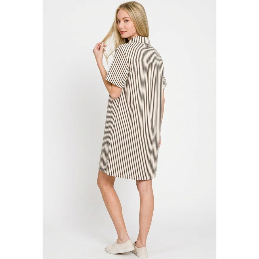 Zenana Stripe Collared Half Button Up T-Shirts Dress Apparel and Accessories