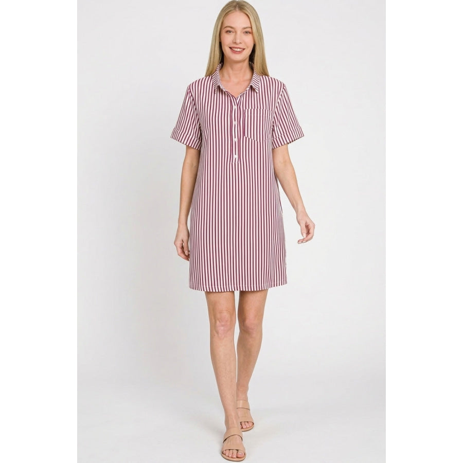 Zenana Stripe Collared Half Button Up T-Shirts Dress Apparel and Accessories