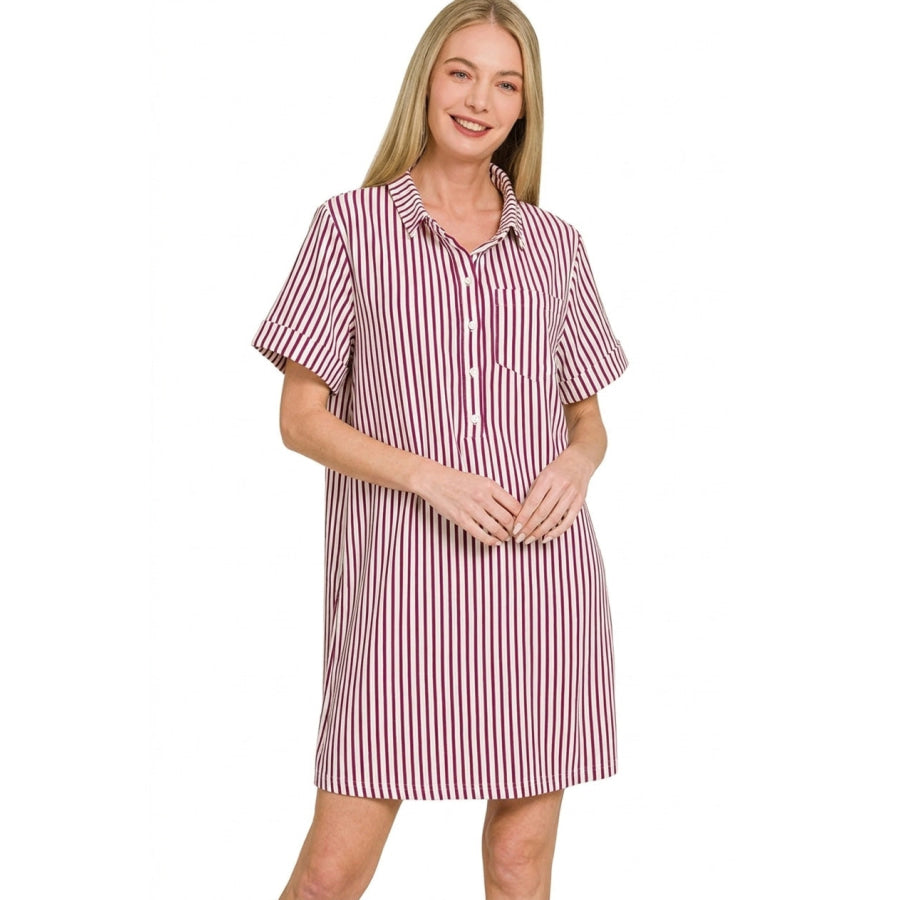 Zenana Stripe Collared Half Button Up T-Shirts Dress Apparel and Accessories