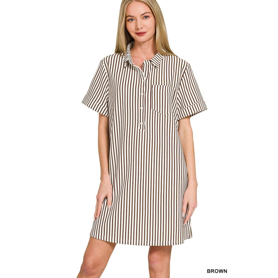 Zenana Stripe Collared Half Button Up T-Shirts Dress BROWN / S Apparel and Accessories