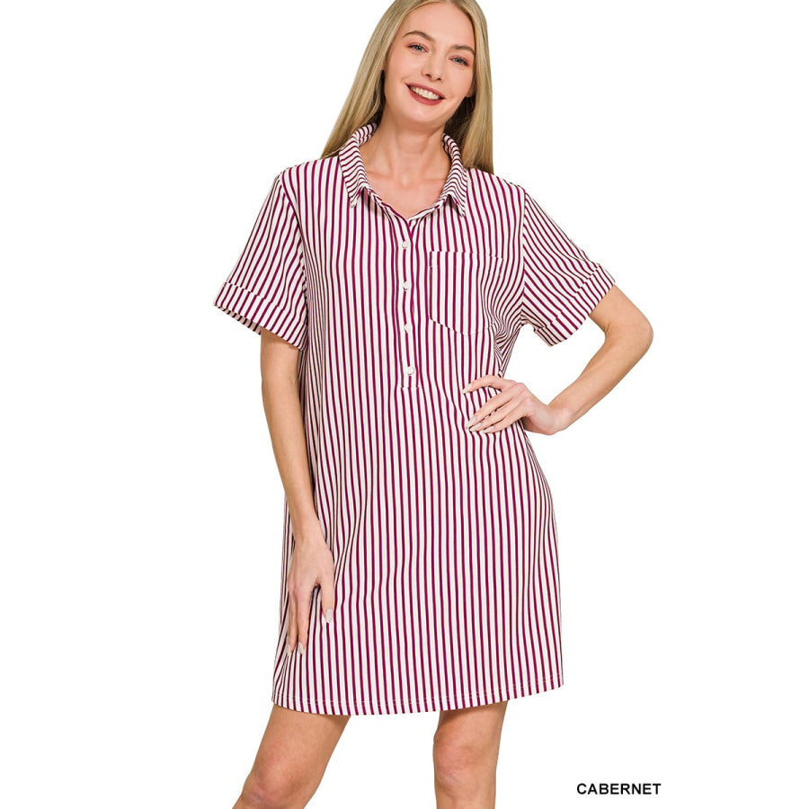 Zenana Stripe Collared Half Button Up T-Shirts Dress CABERNET / S Apparel and Accessories