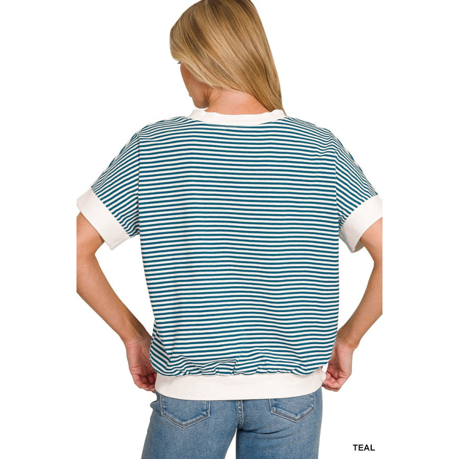 Zenana Stripe Contrast Trim Banded Bottom Top Apparel and Accessories