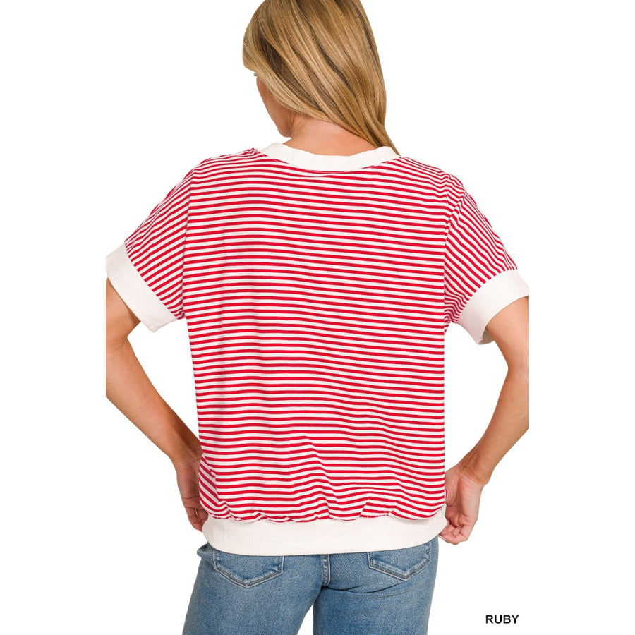 Zenana Stripe Contrast Trim Banded Bottom Top Apparel and Accessories