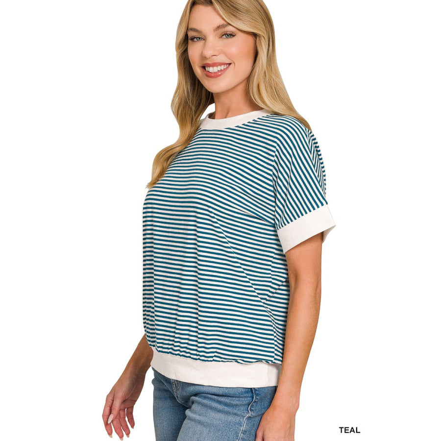 Zenana Stripe Contrast Trim Banded Bottom Top Apparel and Accessories
