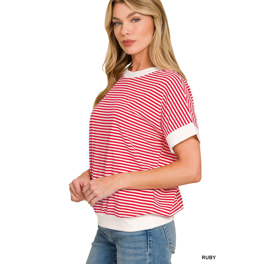 Zenana Stripe Contrast Trim Banded Bottom Top RUBY / S Apparel and Accessories