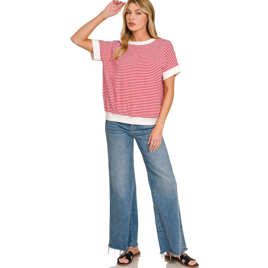 Zenana Stripe Contrast Trim Banded Bottom Top Apparel and Accessories
