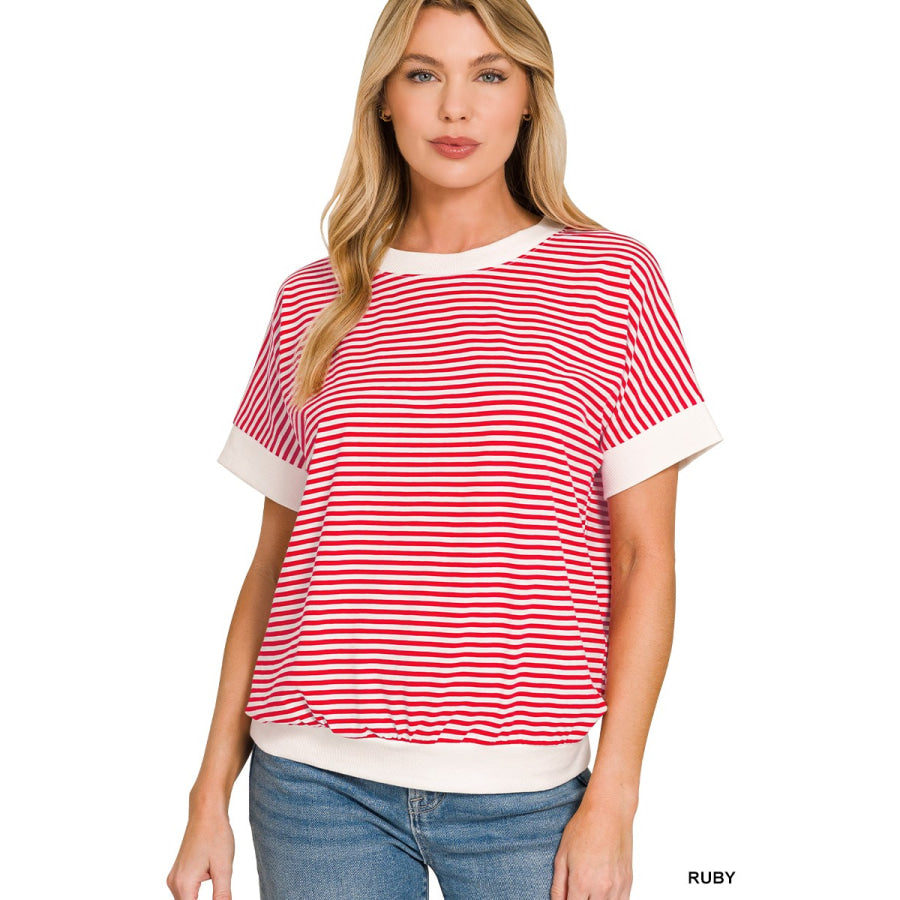 Zenana Stripe Contrast Trim Banded Bottom Top RUBY / S Apparel and Accessories