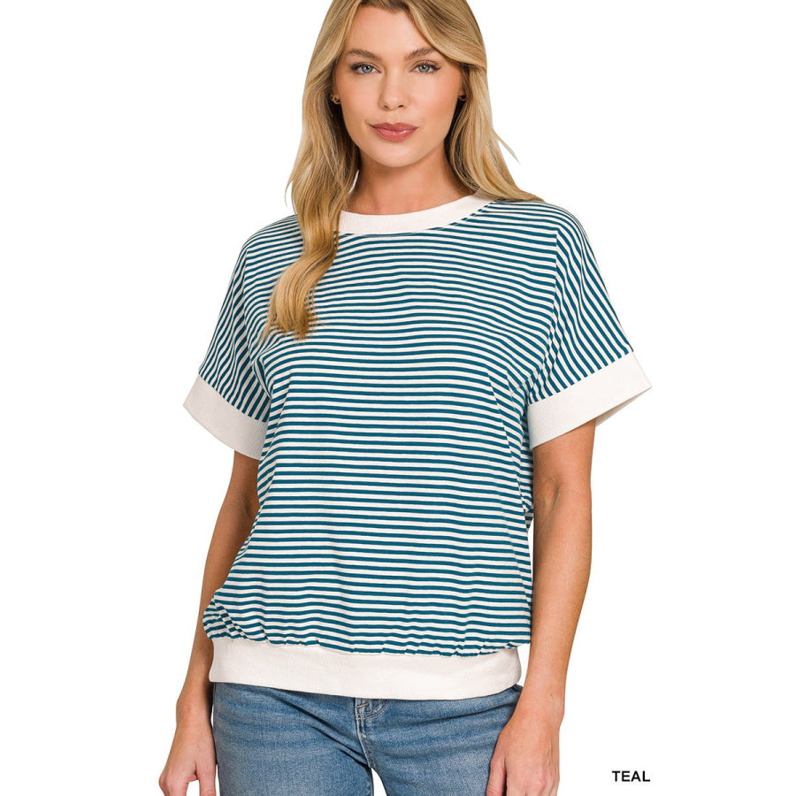 Zenana Stripe Contrast Trim Banded Bottom Top TEAL / S Apparel and Accessories