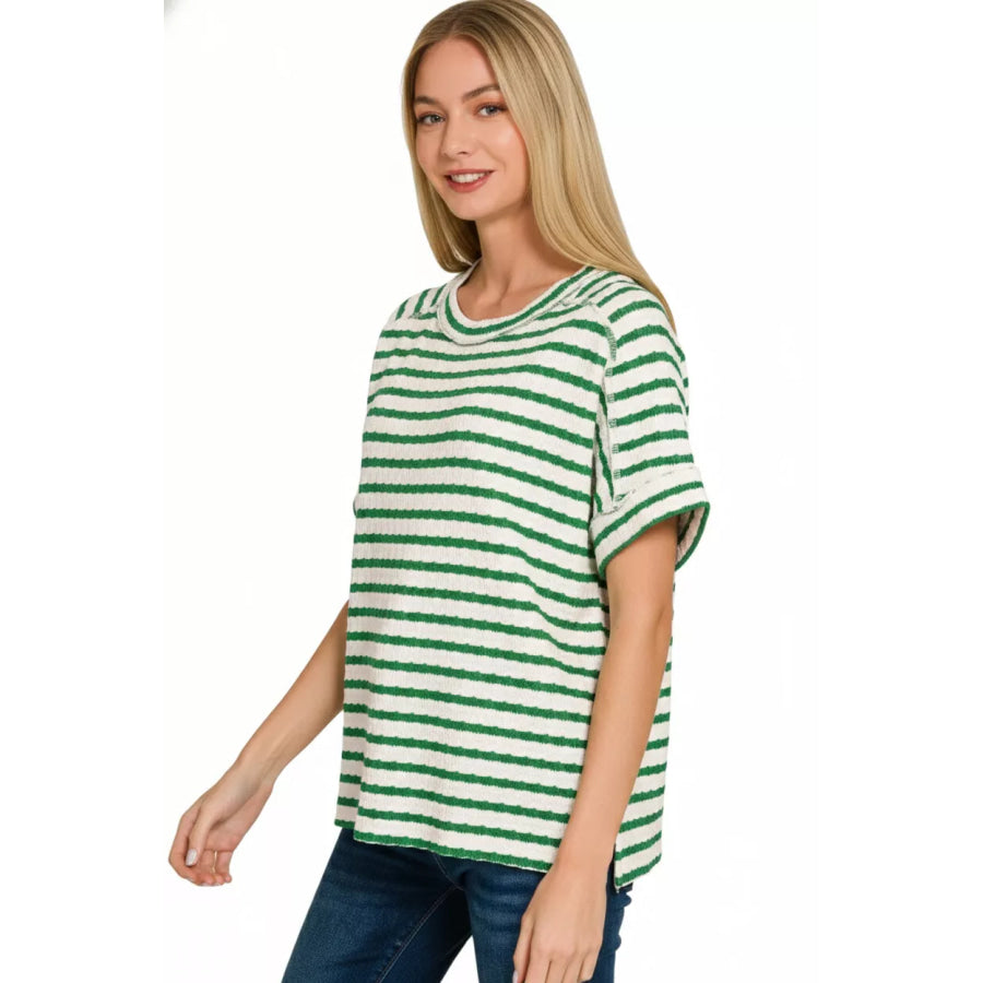 Zenana Stripe Jacquard Round-Meck Tee Apparel and Accessories