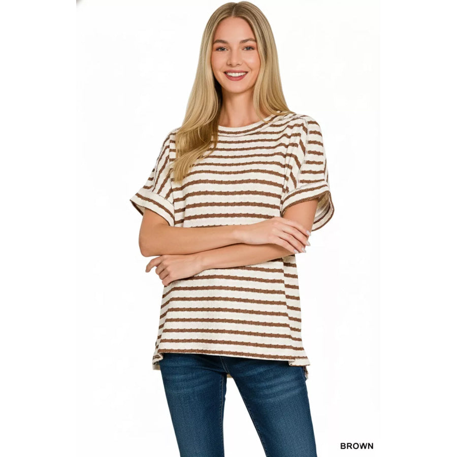 Zenana Stripe Jacquard Round-Meck Tee BROWN / S/M Apparel and Accessories