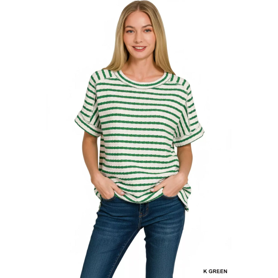 Zenana Stripe Jacquard Round-Meck Tee Apparel and Accessories
