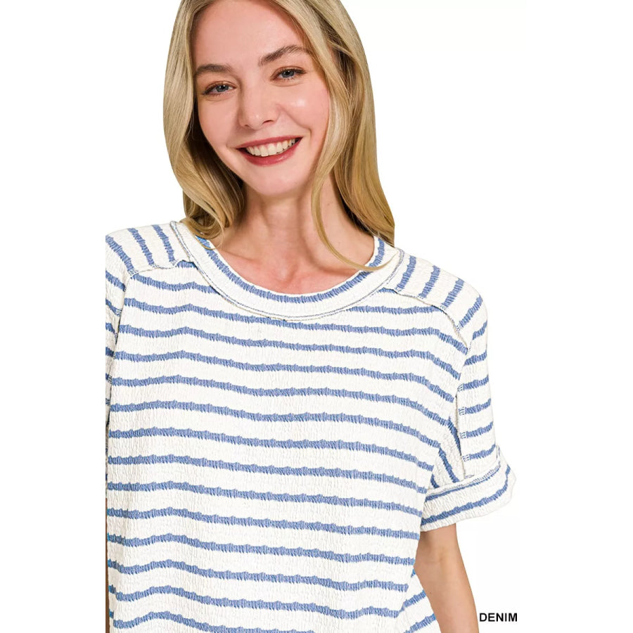 Zenana Stripe Jacquard Round-Meck Tee Apparel and Accessories