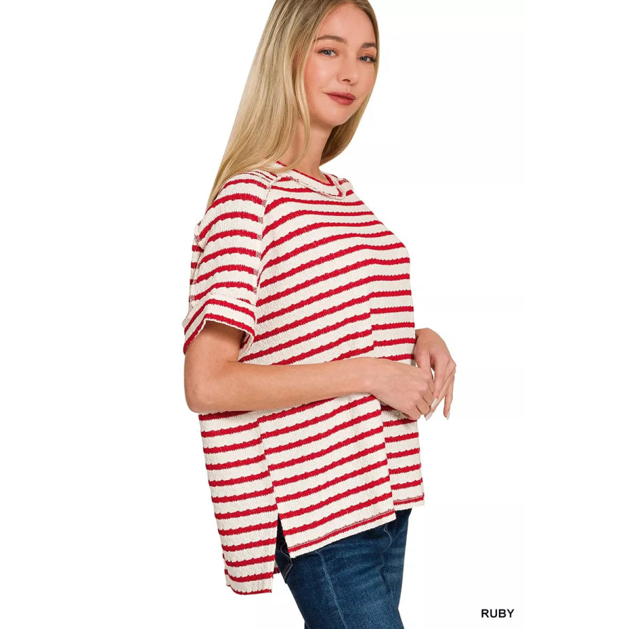 Zenana Stripe Jacquard Round-Meck Tee Apparel and Accessories