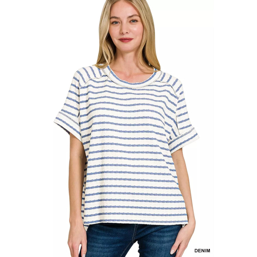 Zenana Stripe Jacquard Round-Meck Tee Apparel and Accessories