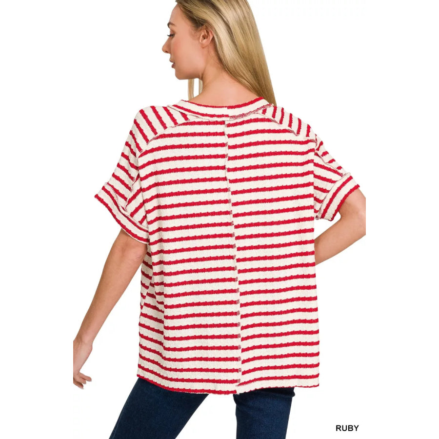 Zenana Stripe Jacquard Round-Meck Tee Apparel and Accessories