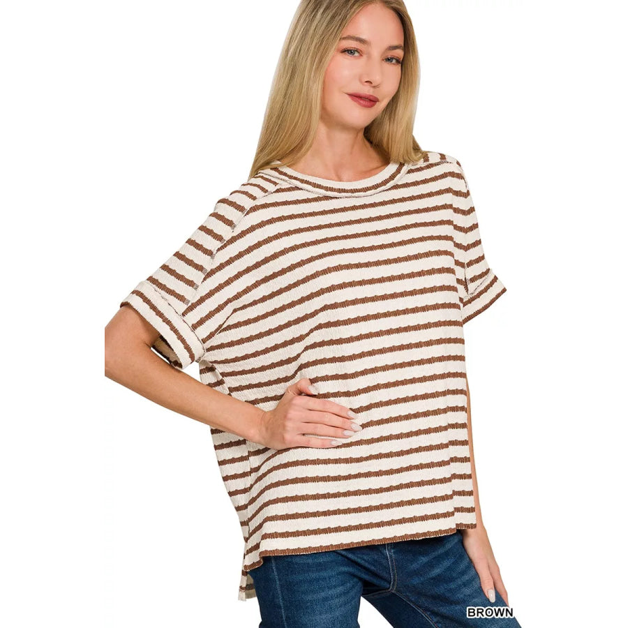 Zenana Stripe Jacquard Round-Meck Tee BROWN / S/M Apparel and Accessories