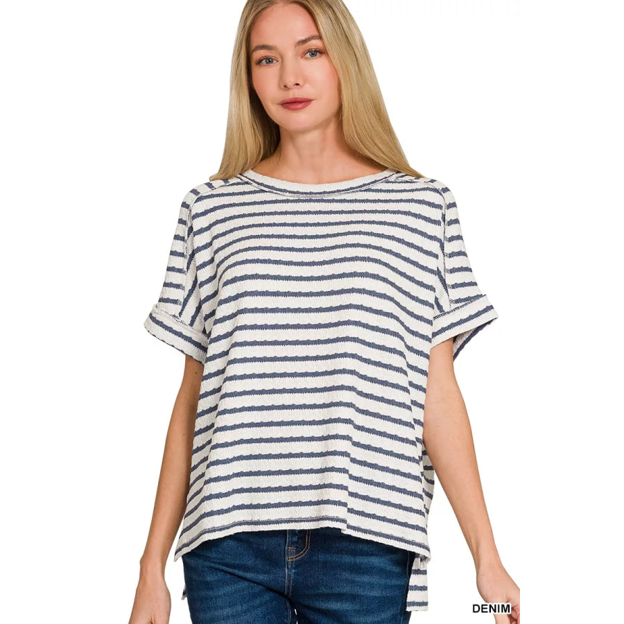 Zenana Stripe Jacquard Round-Meck Tee DENIM / S/M Apparel and Accessories